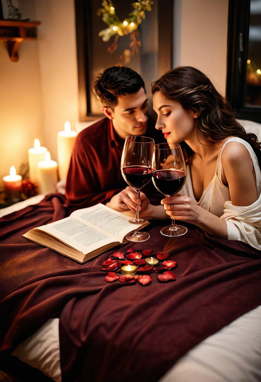 A warm, intimate setting with a couple sitting close together, surrounded by soft candlelight, with their eyes locked in a deep gaze. Romantic elements like a glass of red wine, rose petals scattered on the table, and a cozy blanket adding to the atmosphere. The scene should evoke emotions of passion and connection, illustrating the beauty of love and intimacy. super-realistic. warm colors. soft focus.