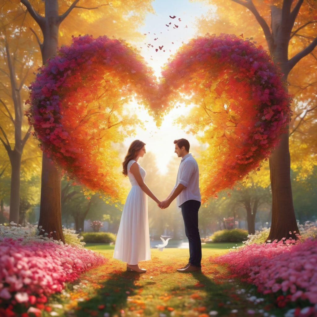 A beautiful couple holding hands in a sunlit park, surrounded by blooming flowers and soft, glowing sunlight filtering through the trees. In the background, a heart-shaped pattern created by colorful leaves adds a whimsical touch. Subtle symbols of love, like hearts and doves, float around them, enhancing the theme of lasting love. The atmosphere is warm and inviting, conveying connection and harmony. super-realistic. vibrant colors. soft focus.