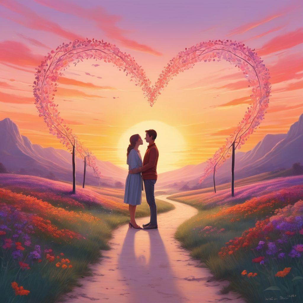 A whimsical yet heartfelt illustration of two people starting from a playful flirting scene, gradually transitioning to a deep, intimate connection symbolized by intertwined hearts and a glowing path leading towards a sunset. Include elements of laughter, shared moments, and subtle hints of romantic milestones. The background should be filled with soft pastel colors, blending seamlessly to create a warm and inviting atmosphere. 3D. vibrant colors.